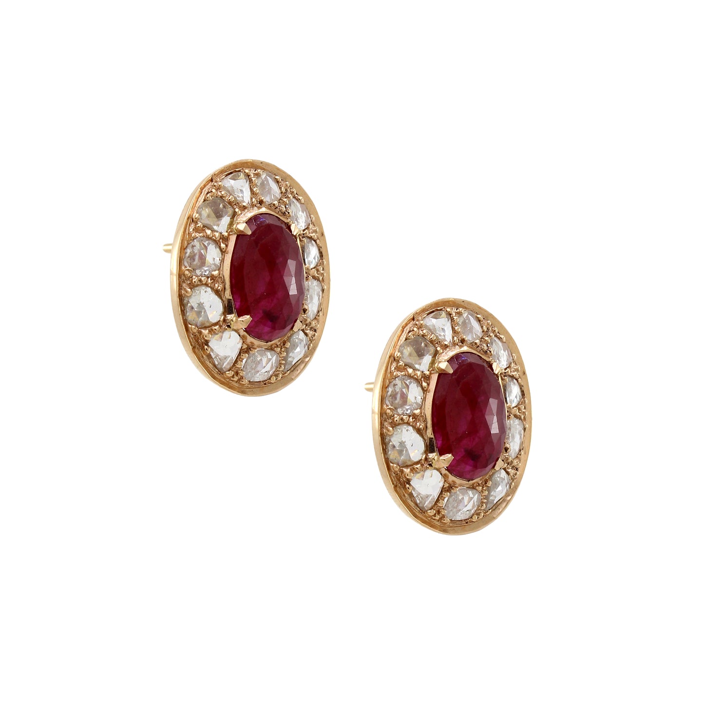 1.58 ct Oval Ruby with Rose Cut Diamond Earrings in 14K Gold