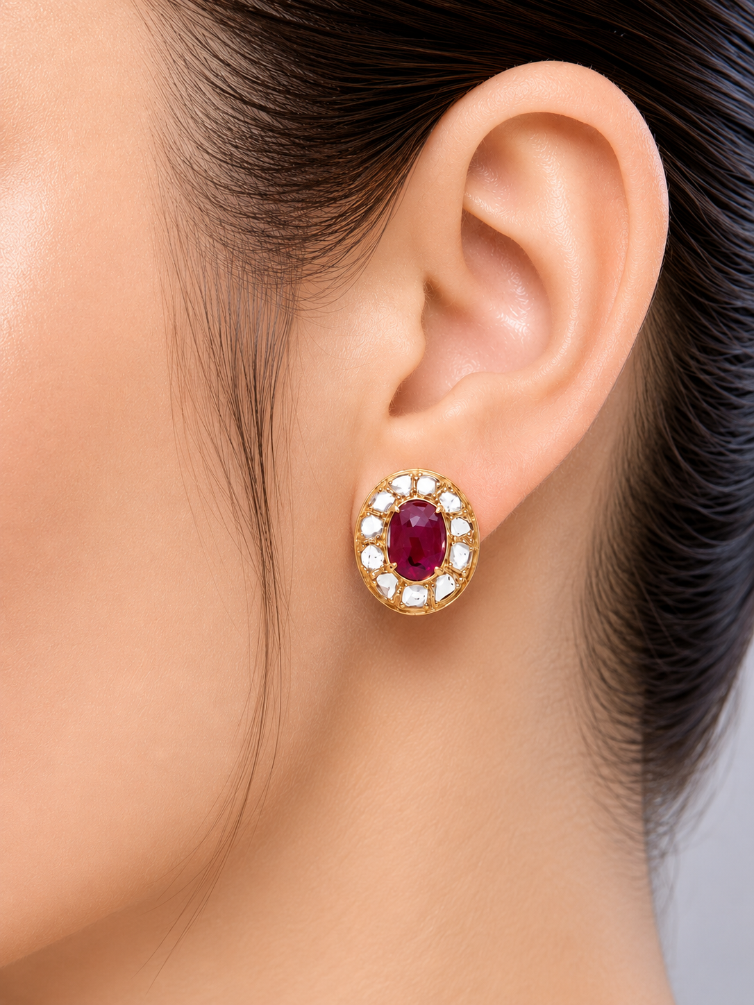 1.58 ct Oval Ruby with Rose Cut Diamond Earrings in 14K Gold