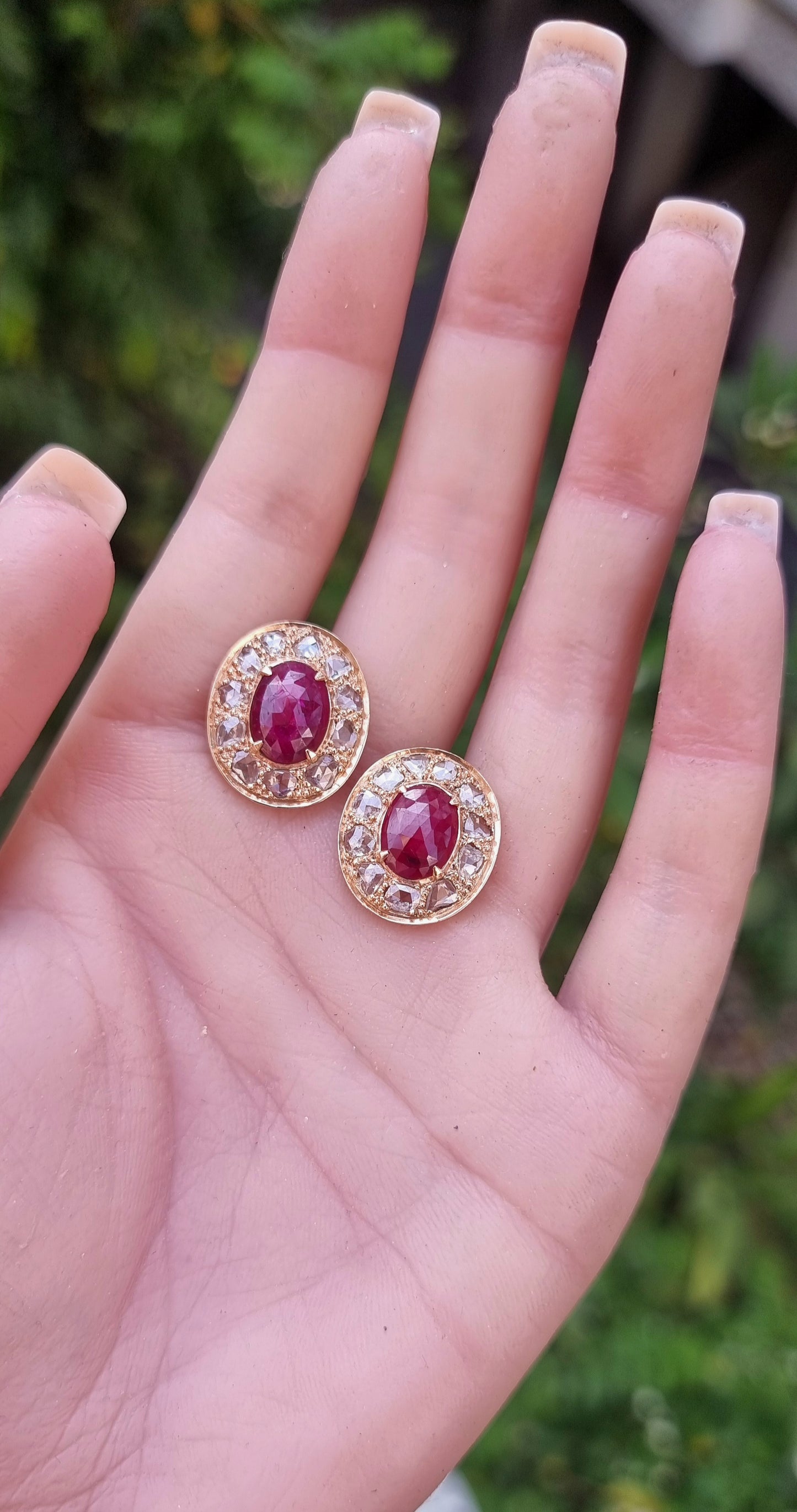 1.58 ct Oval Ruby with Rose Cut Diamond Earrings in 14K Gold