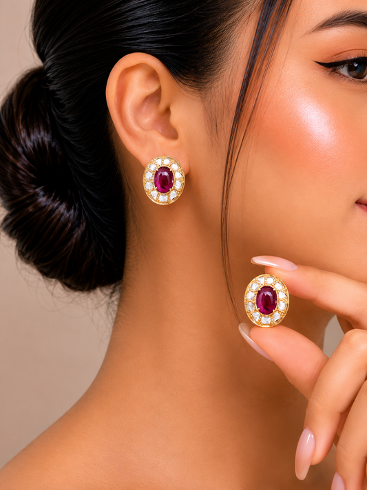 1.58 ct Oval Ruby with Rose Cut Diamond Earrings in 14K Gold