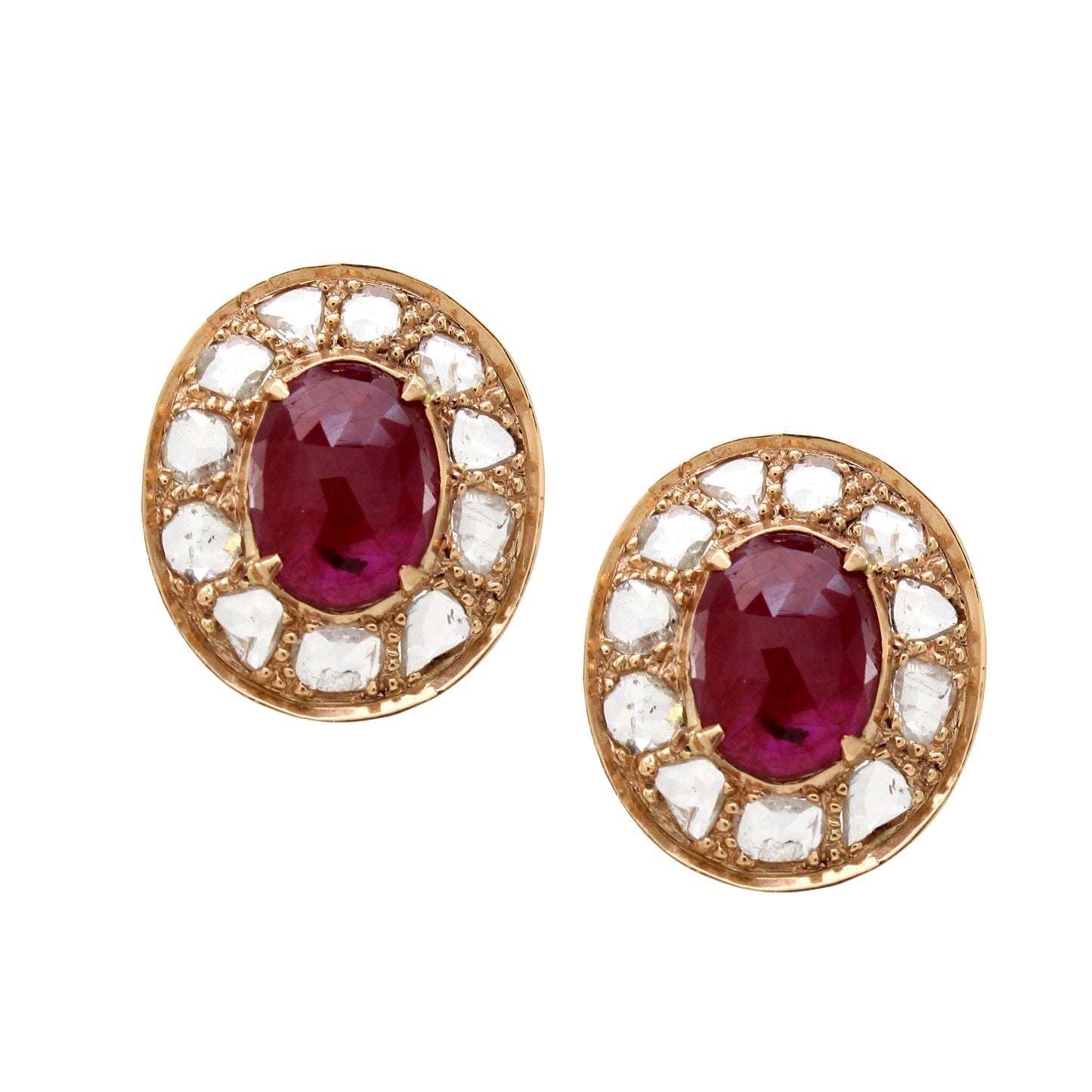 1.58 ct Oval Ruby with Rose Cut Diamond Earrings in 14K Gold
