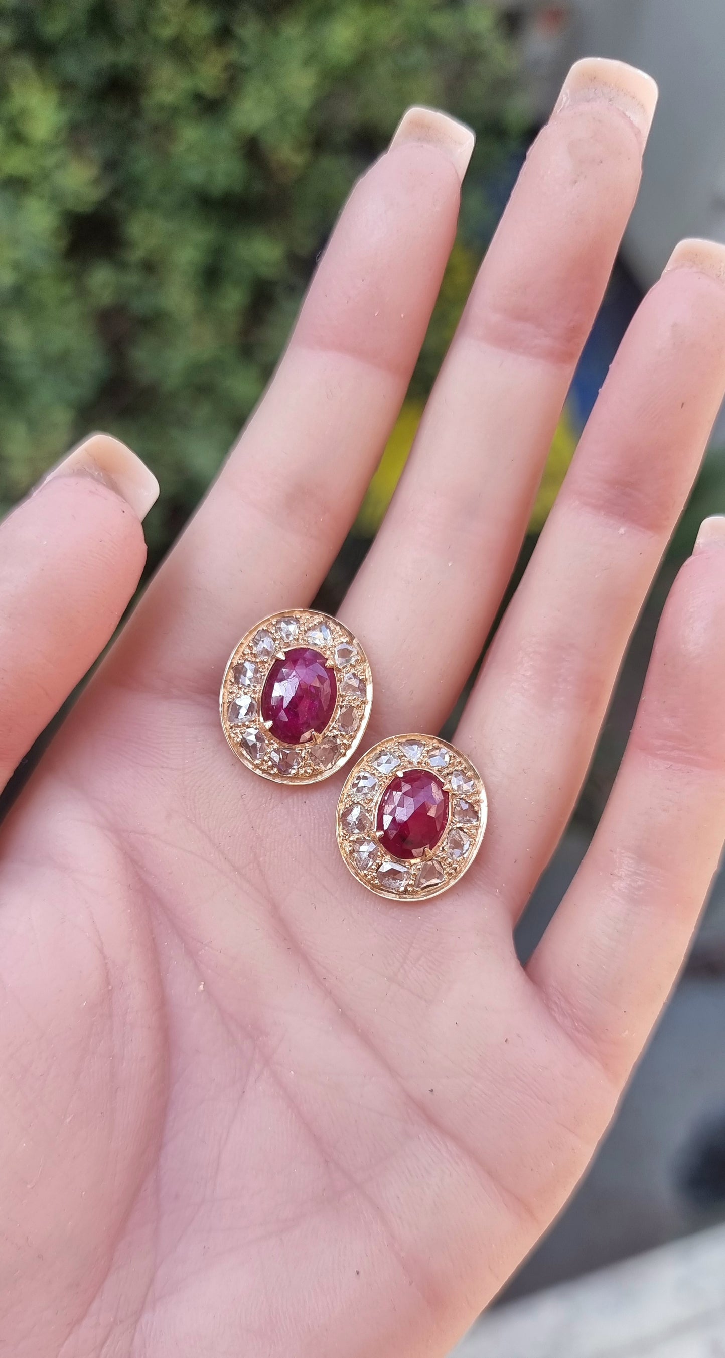 1.58 ct Oval Ruby with Rose Cut Diamond Earrings in 14K Gold