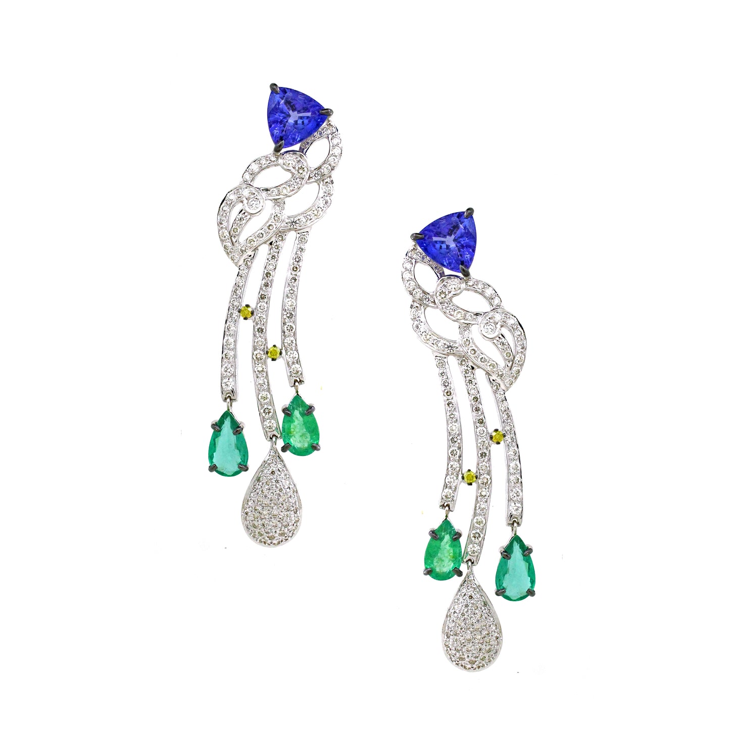 18K Gold Tanzanite and Diamond Necklace with Emerald Drops
