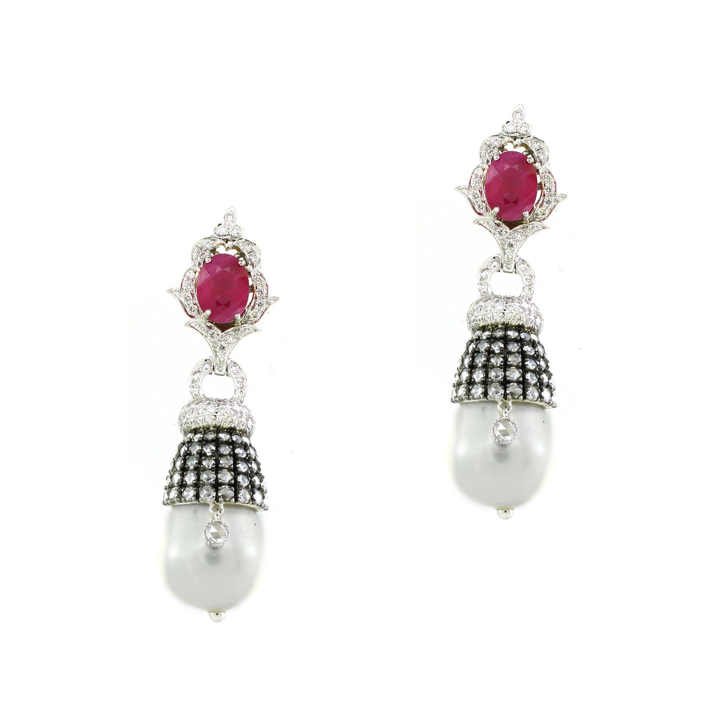18K Gold Pearl Ruby Cluster Earrings with White Diamonds