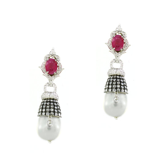 18K Gold Pearl Ruby Cluster Earrings with White Diamonds