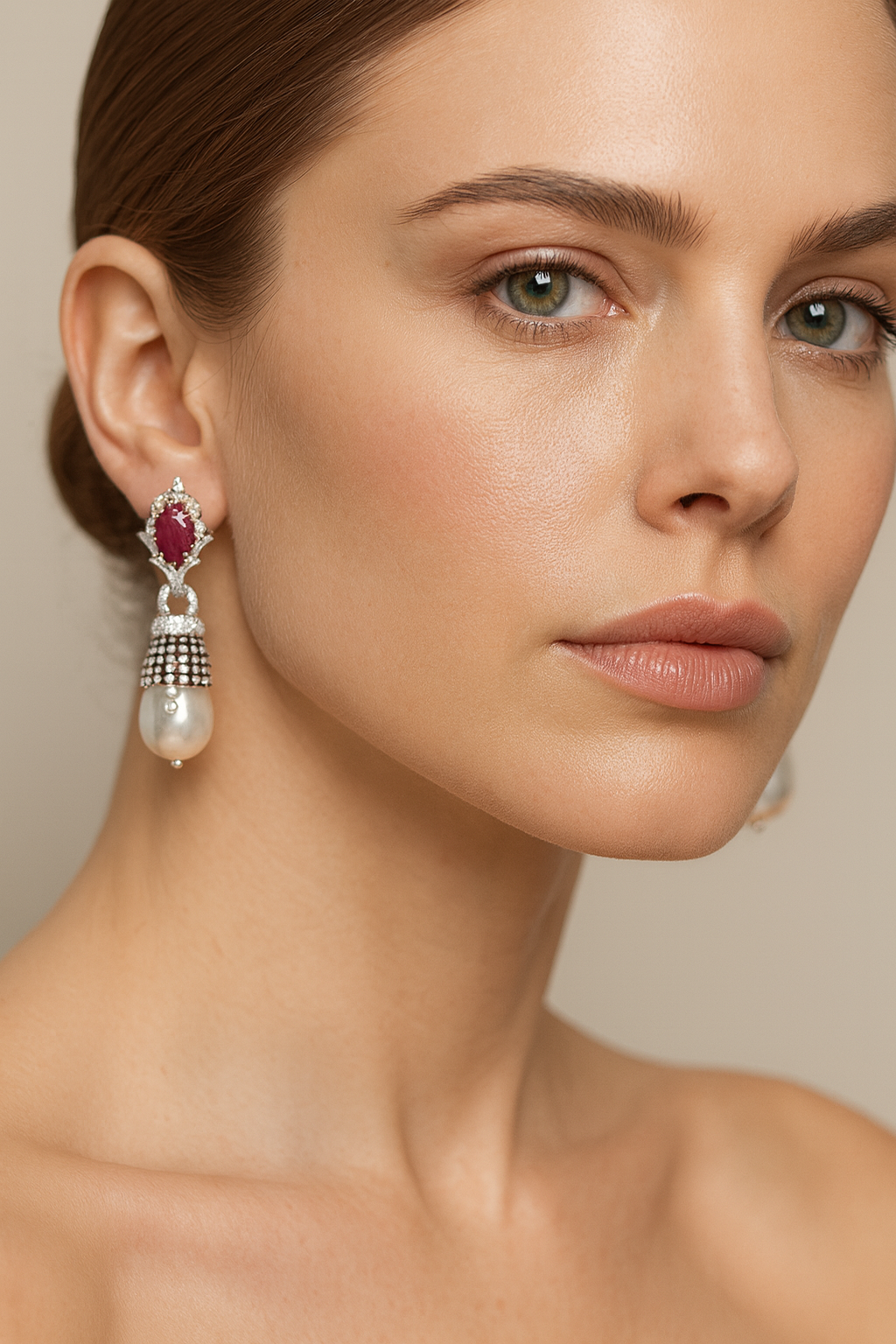 18K Gold Pearl Ruby Cluster Earrings with White Diamonds