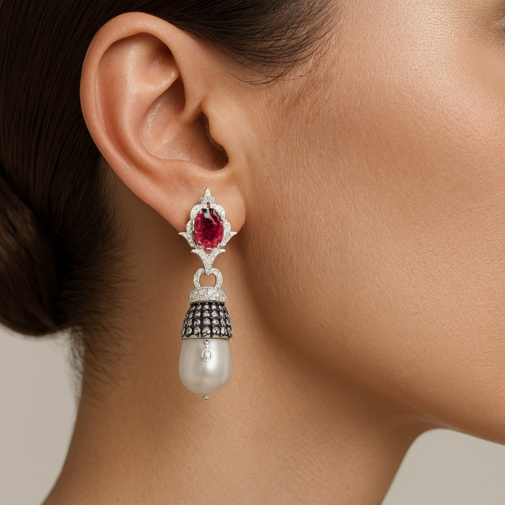 18K Gold Pearl Ruby Cluster Earrings with White Diamonds