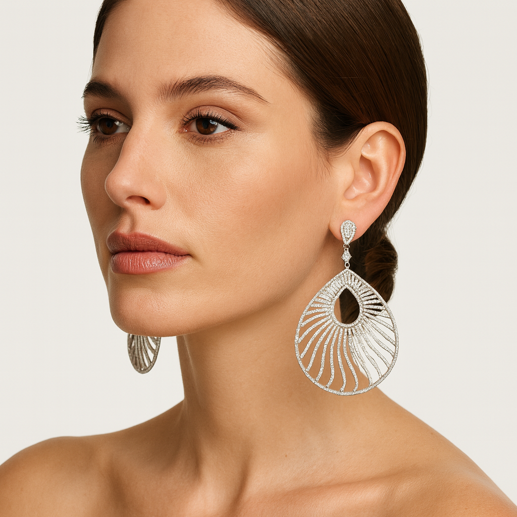 18K Gold White Diamond Modern Earrings with Center Diamond