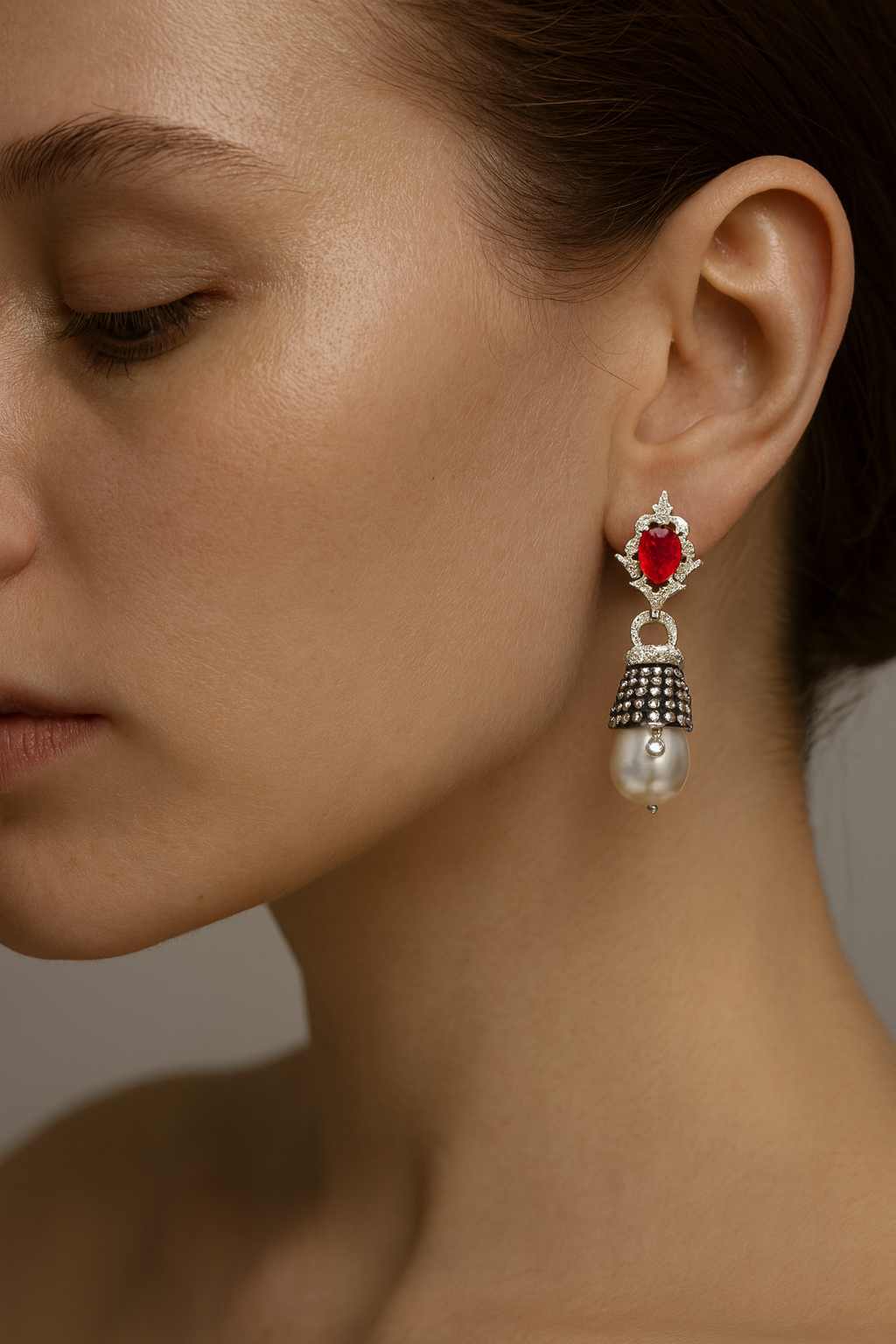 18K Gold Pearl Ruby Cluster Earrings with White Diamonds