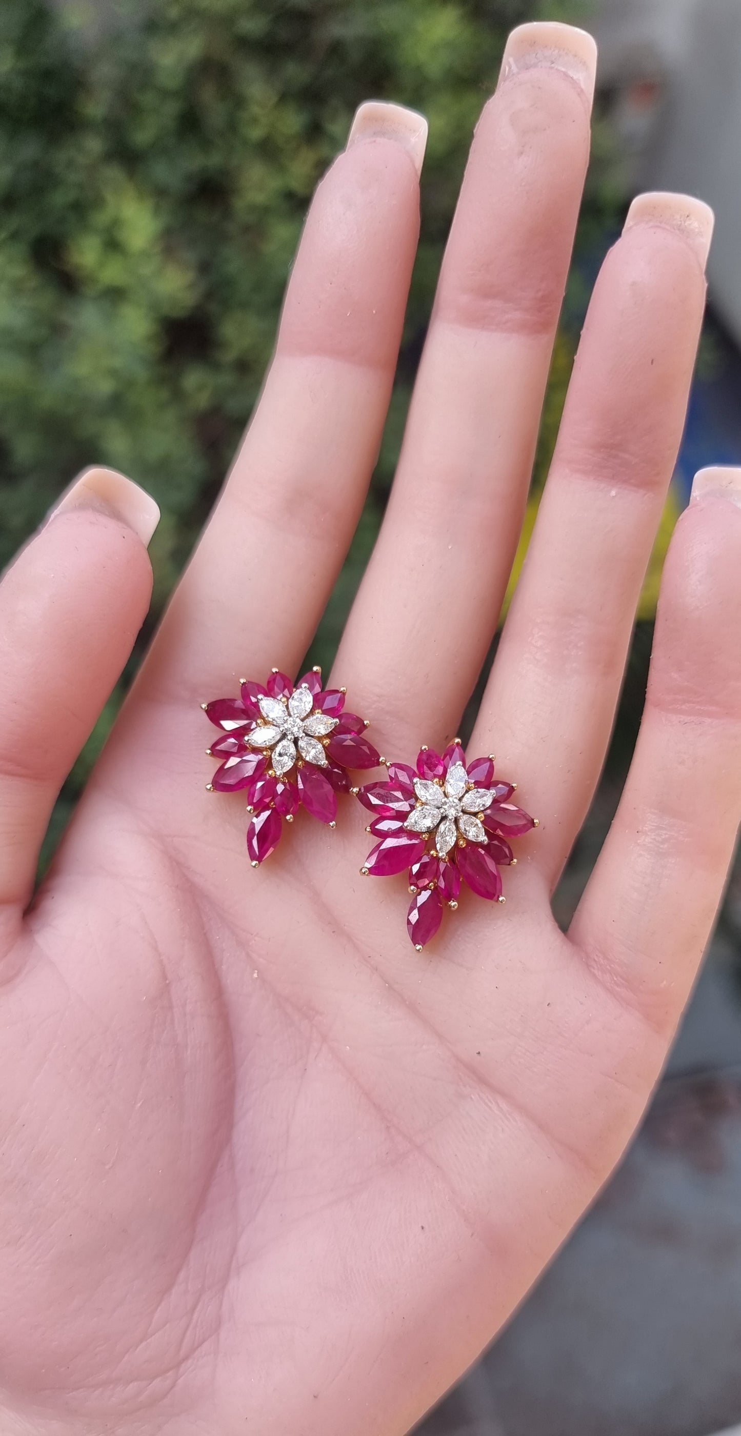 1.29 ct Marquise Ruby with White and Marquise Diamond Earrings in 18K Gold