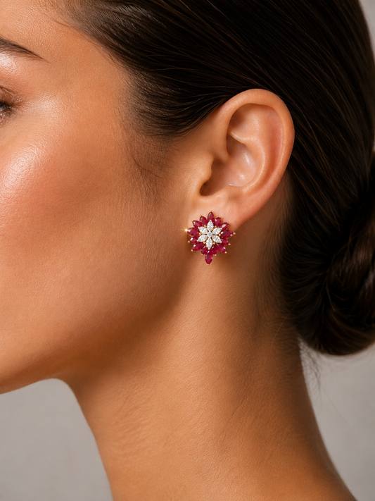 1.29 ct Marquise Ruby with White and Marquise Diamond Earrings in 18K Gold