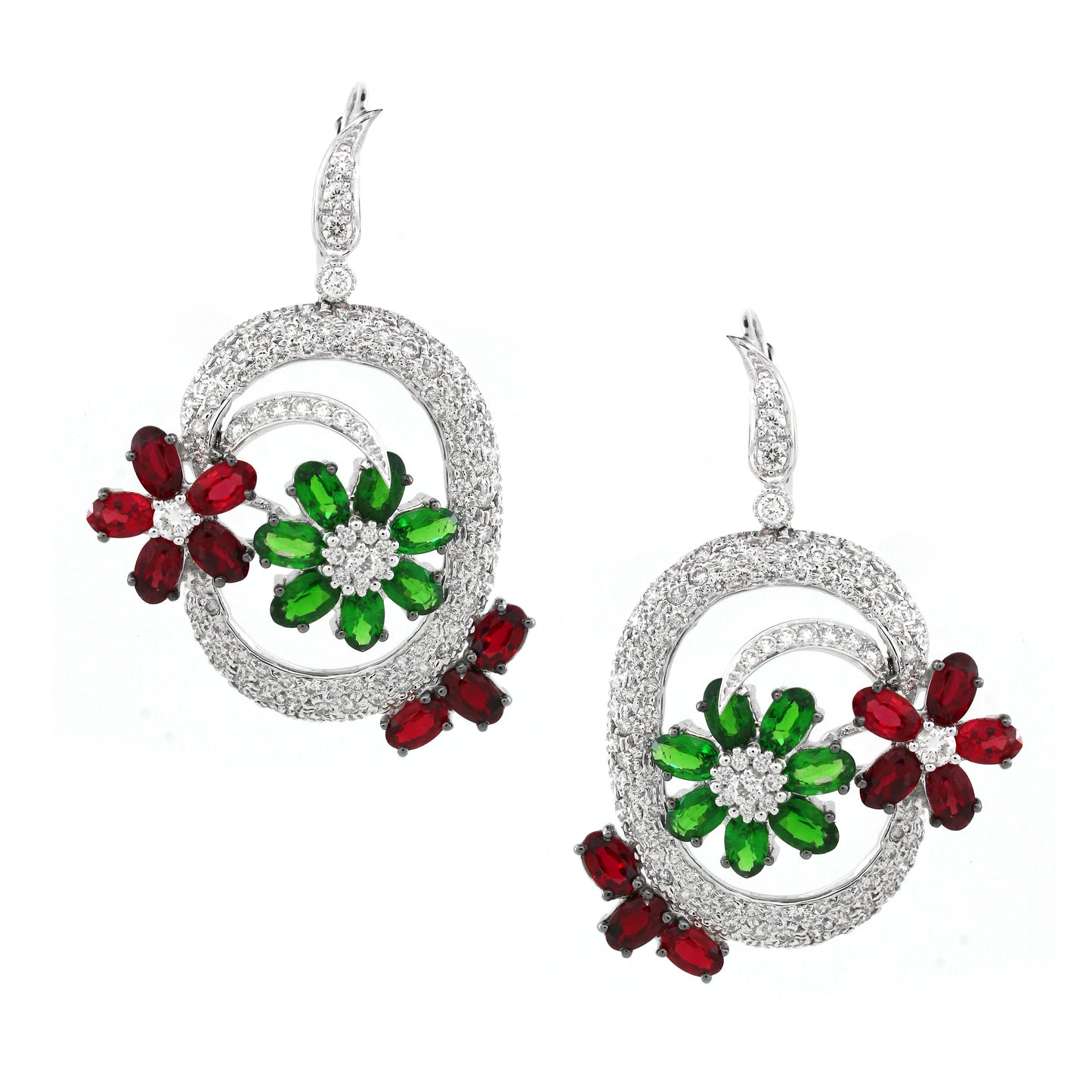 18K Gold Sapphire Tsavorite Cluster Earrings with White Diamond
