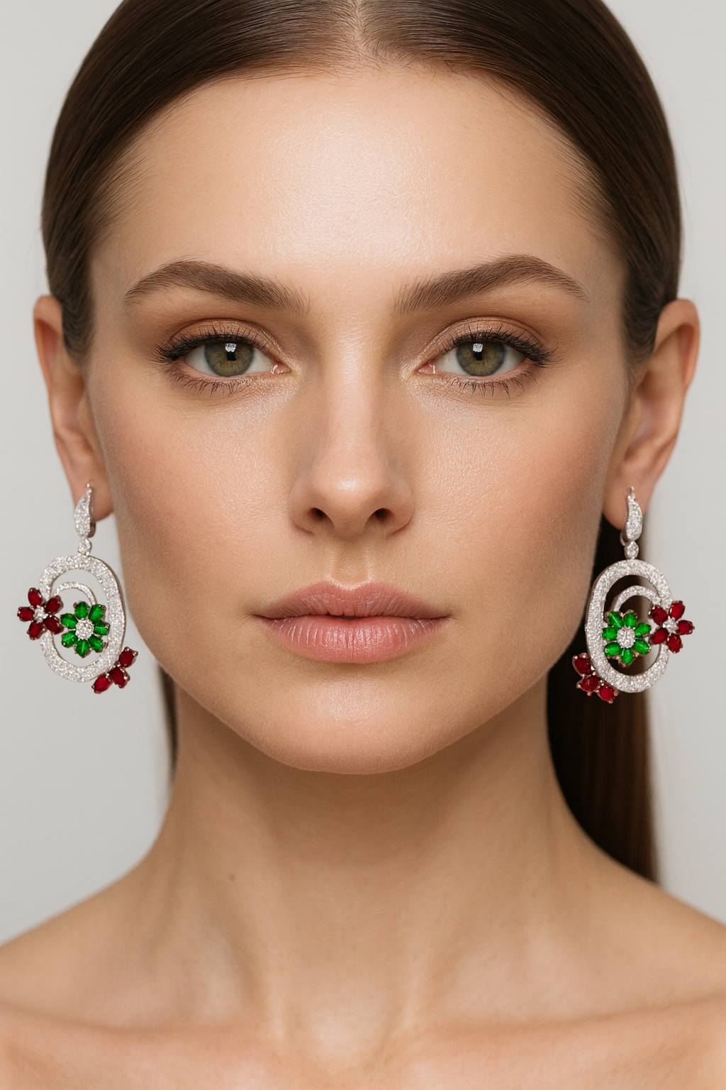 18K Gold Sapphire Tsavorite Cluster Earrings with White Diamond