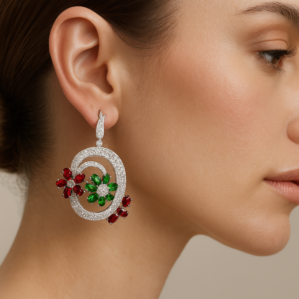 18K Gold Sapphire Tsavorite Cluster Earrings with White Diamond
