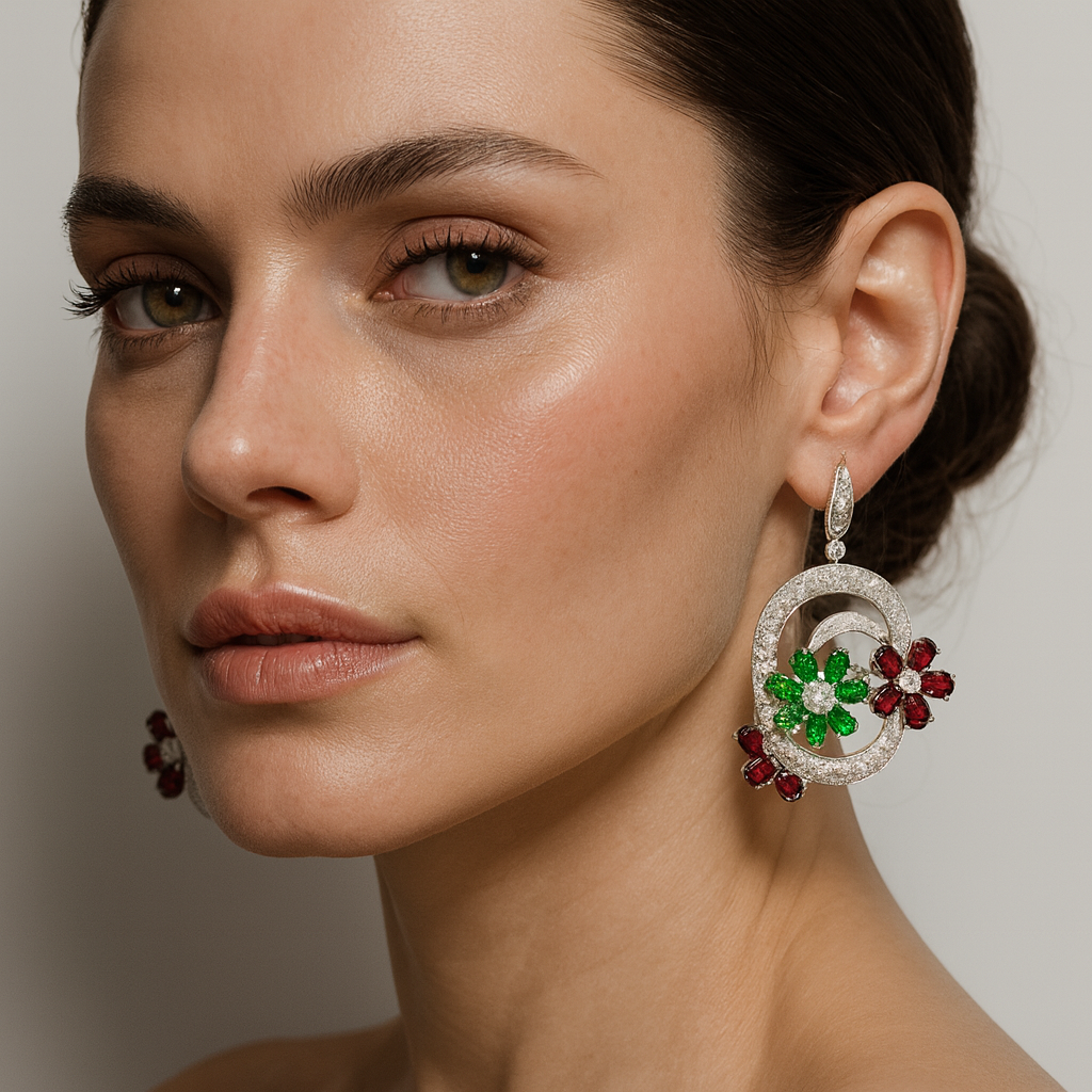 18K Gold Sapphire Tsavorite Cluster Earrings with White Diamond