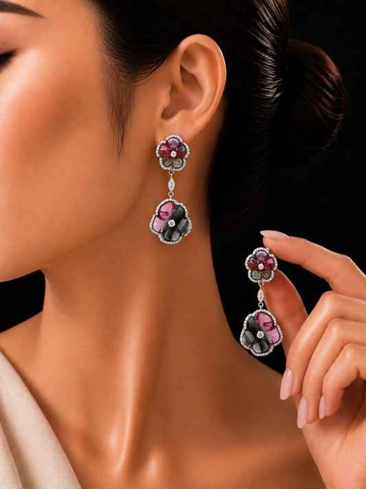 1.35 ct Flower Tourmaline with Marquise and White Diamond Earrings in 18K Gold