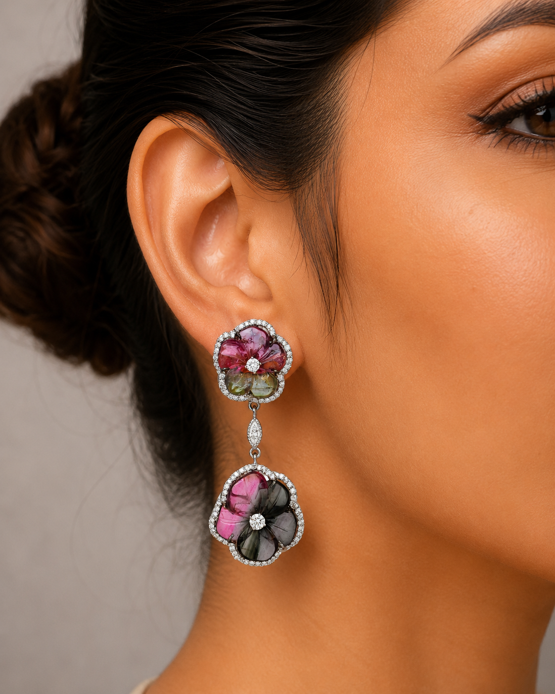 1.35 ct Flower Tourmaline with Marquise and White Diamond Earrings in 18K Gold