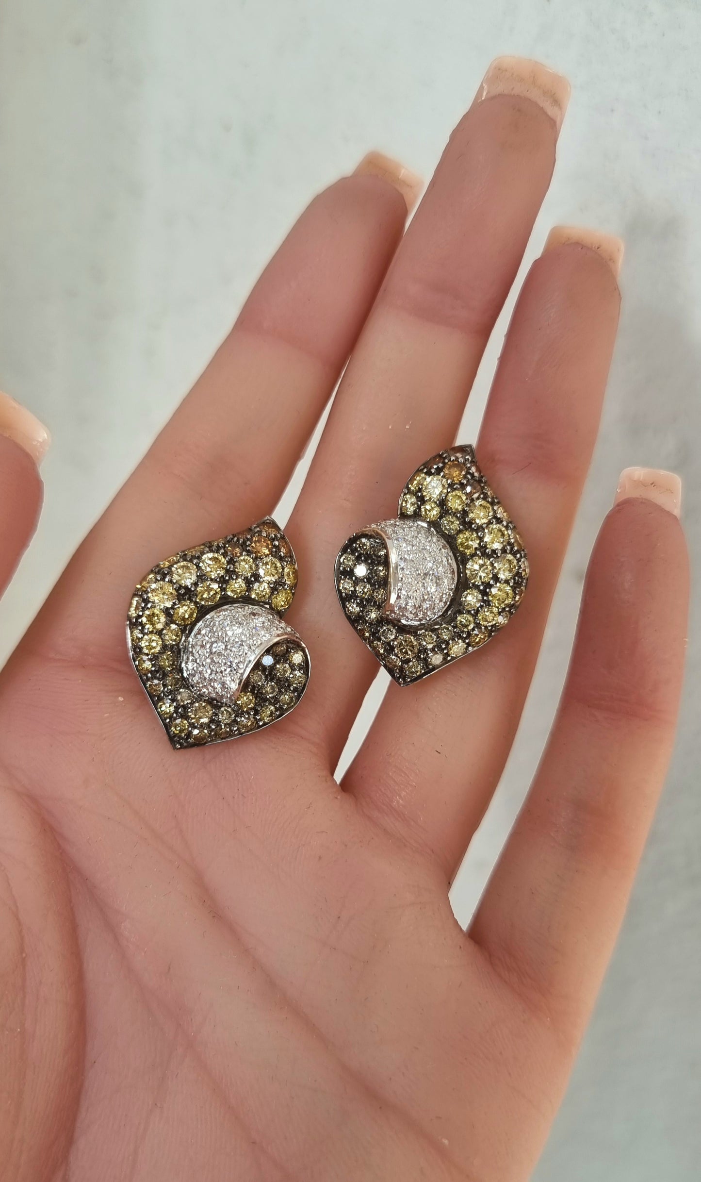 6.89 ct Round White Diamond with Canary and Brunt Orange Diamond Earrings in 18K Gold