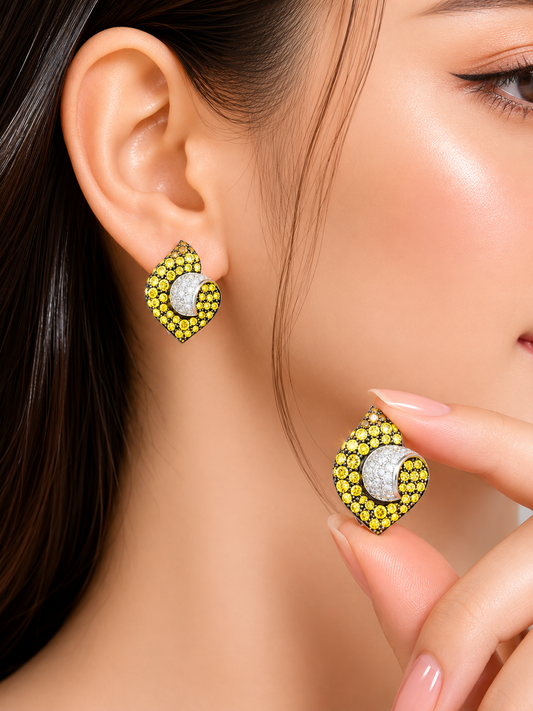 6.89 ct Round White Diamond with Canary and Brunt Orange Diamond Earrings in 18K Gold