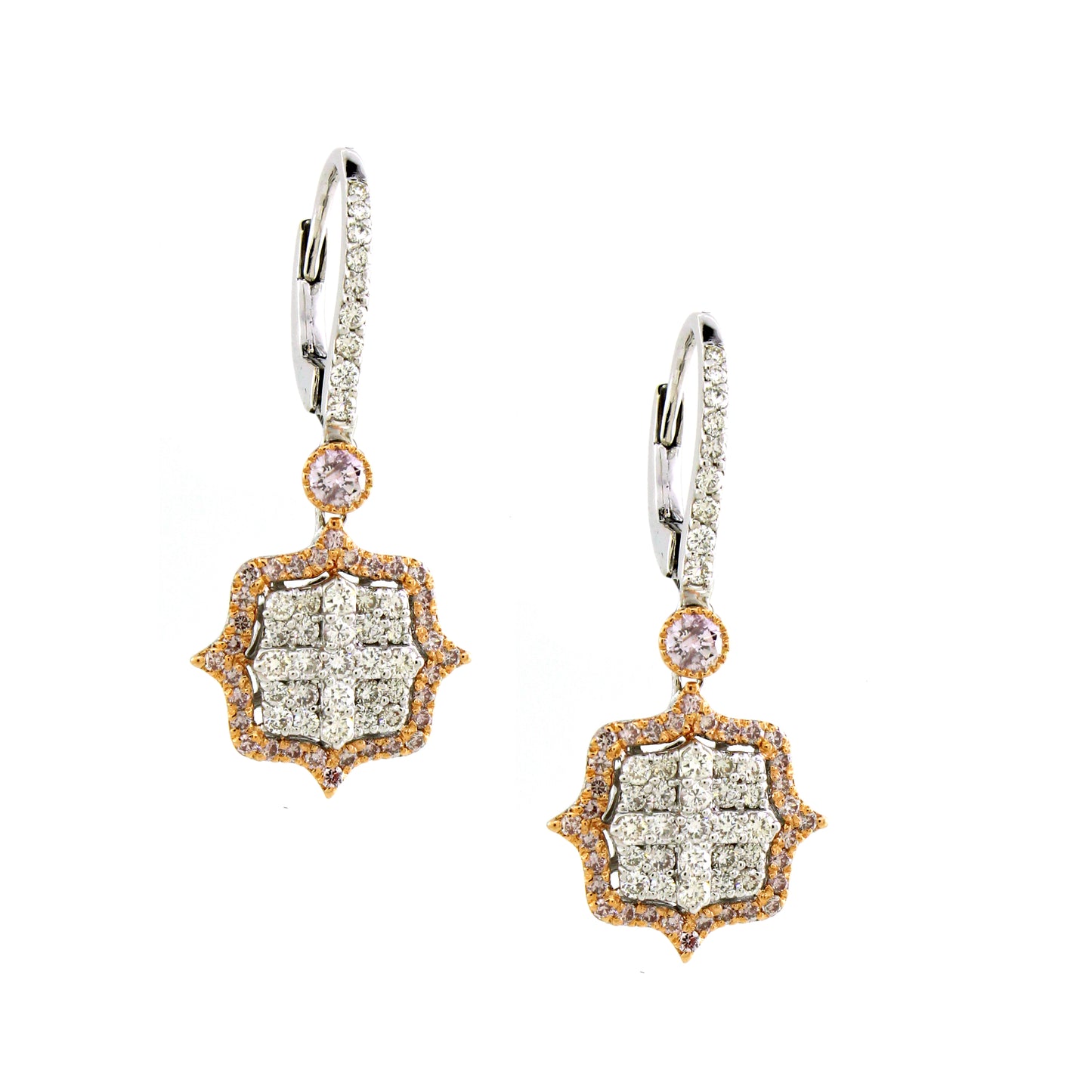 1.45 ct Round White and Pink Diamond Earrings in 18K Gold