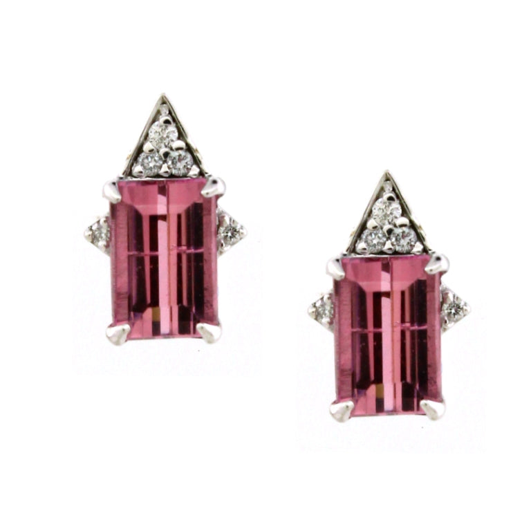 0.10 ct Emerald Cut Tourmaline with White Diamond Earrings in 18K Gold