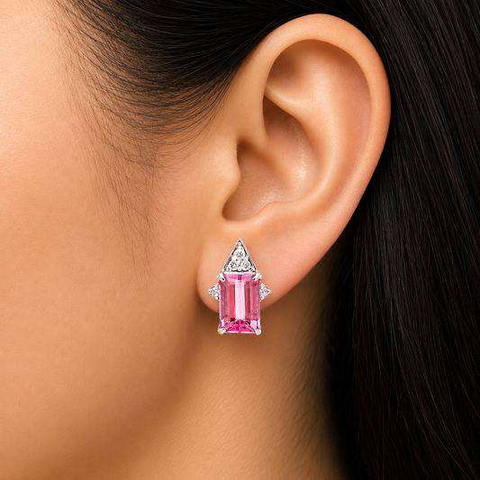 0.10 ct Emerald Cut Tourmaline with White Diamond Earrings in 18K Gold