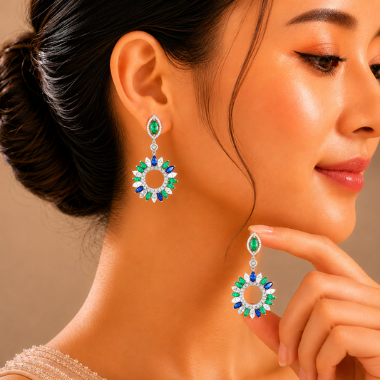 3.24 ct Marquise Emerald with Sapphire and White Diamonds Earrings in 18K Gold