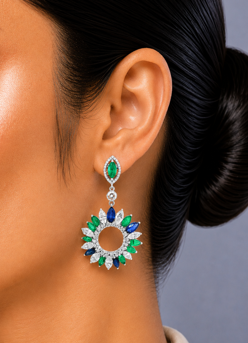 3.24 ct Marquise Emerald with Sapphire and White Diamonds Earrings in 18K Gold