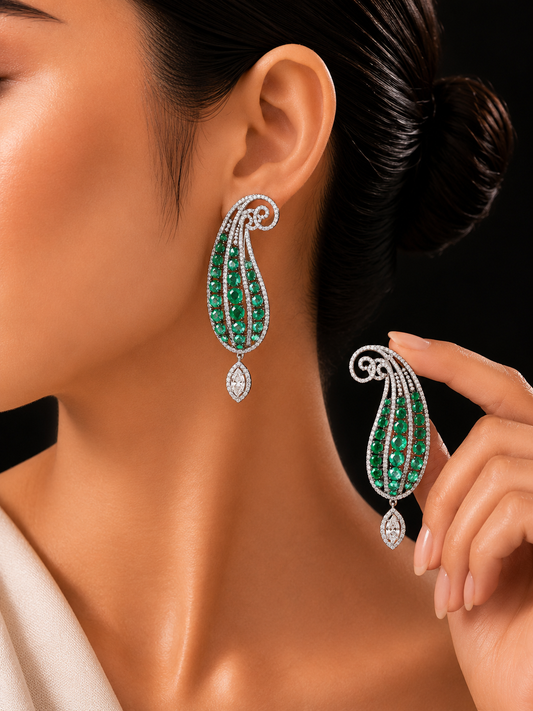 3.05 ct Oval Emerald with White and Marquise Diamond Earrings in 18K Gold