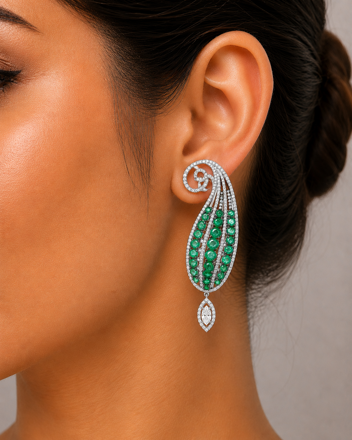 3.05 ct Oval Emerald with White and Marquise Diamond Earrings in 18K Gold