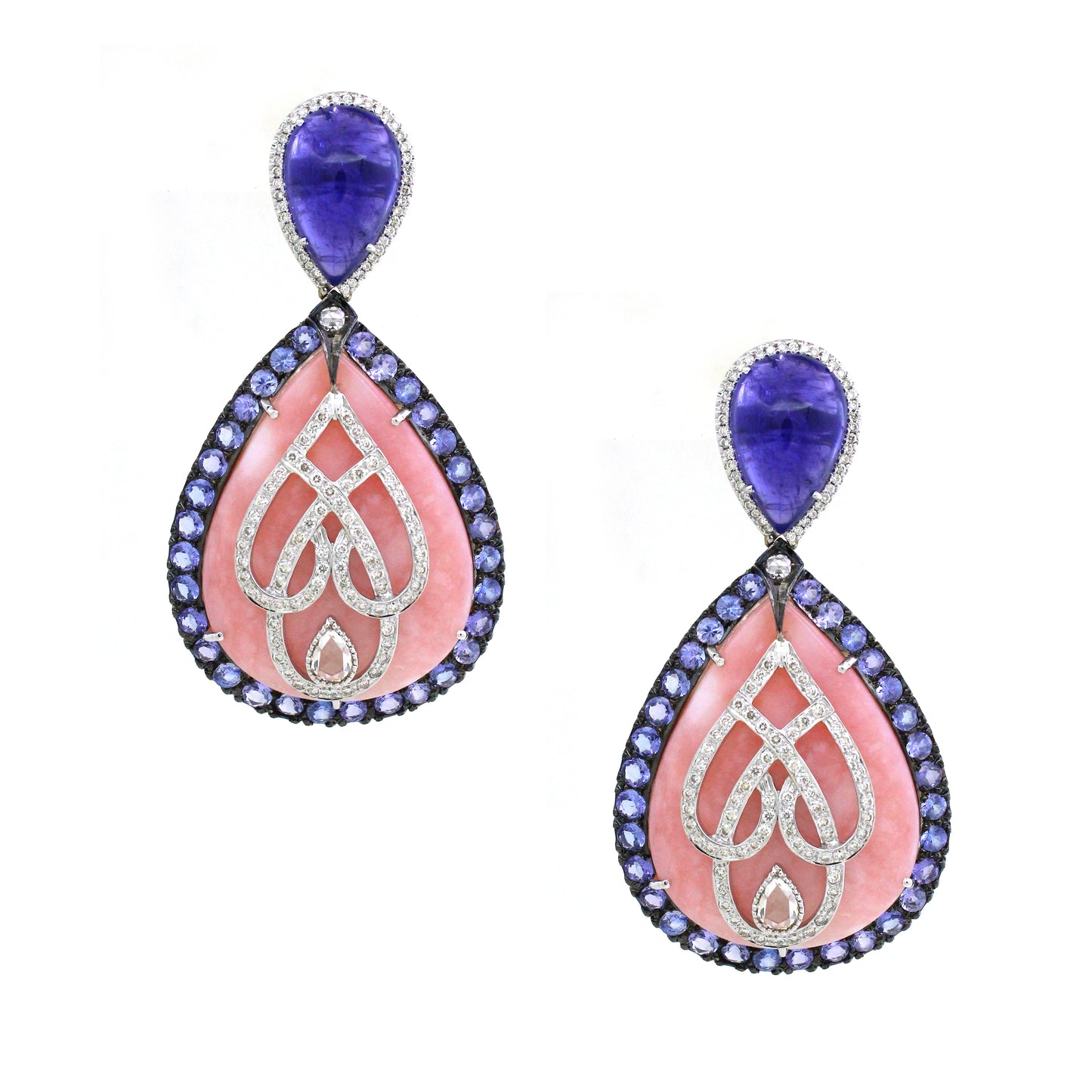 4.13 ct not clearly visible Opal with Tanzanite and White Diamond Earrings in 18K Gold