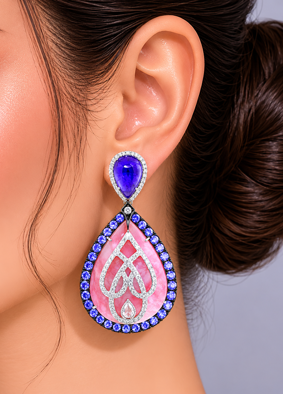 4.13 ct not clearly visible Opal with Tanzanite and White Diamond Earrings in 18K Gold