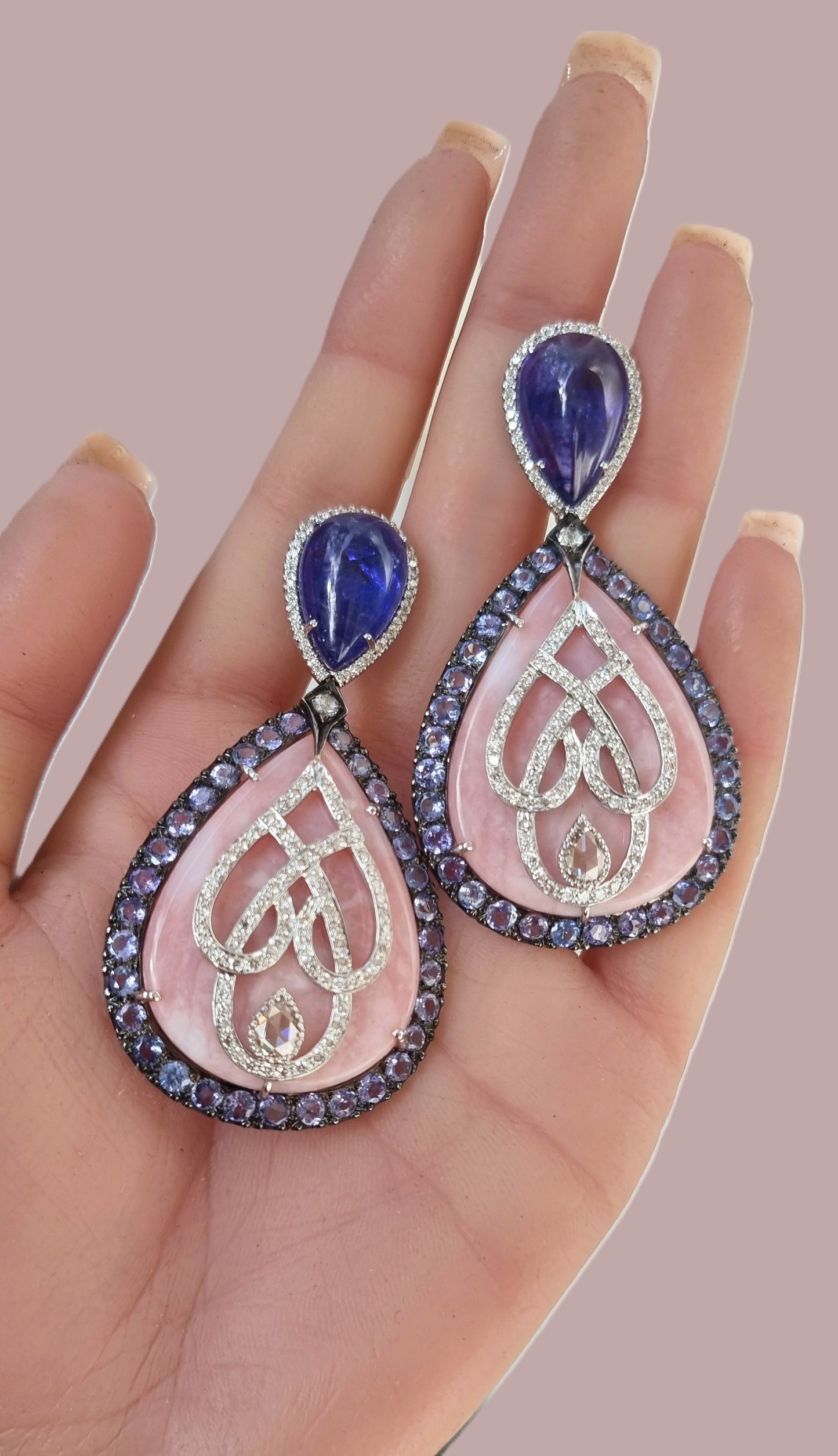 4.13 ct not clearly visible Opal with Tanzanite and White Diamond Earrings in 18K Gold
