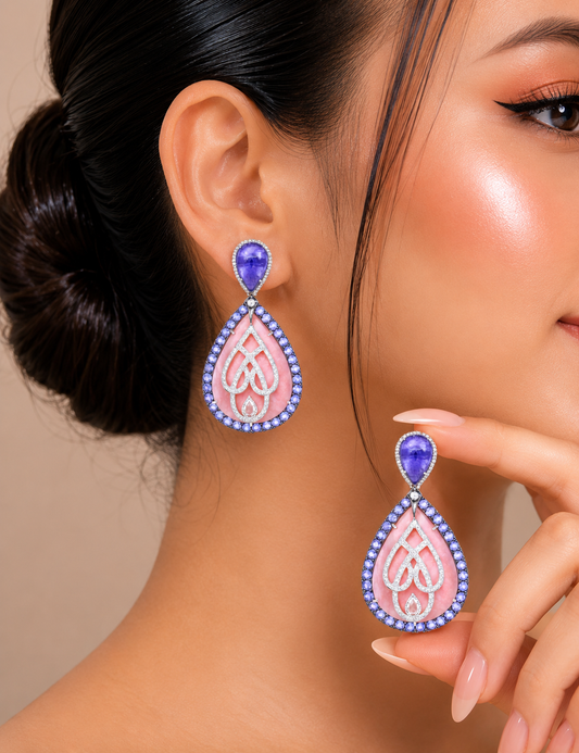 4.13 ct not clearly visible Opal with Tanzanite and White Diamond Earrings in 18K Gold