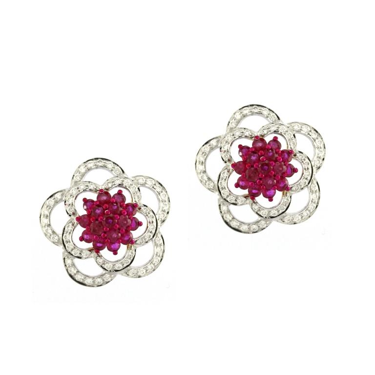 1.39 ct Round Ruby with White Diamond Earrings in 18K Gold