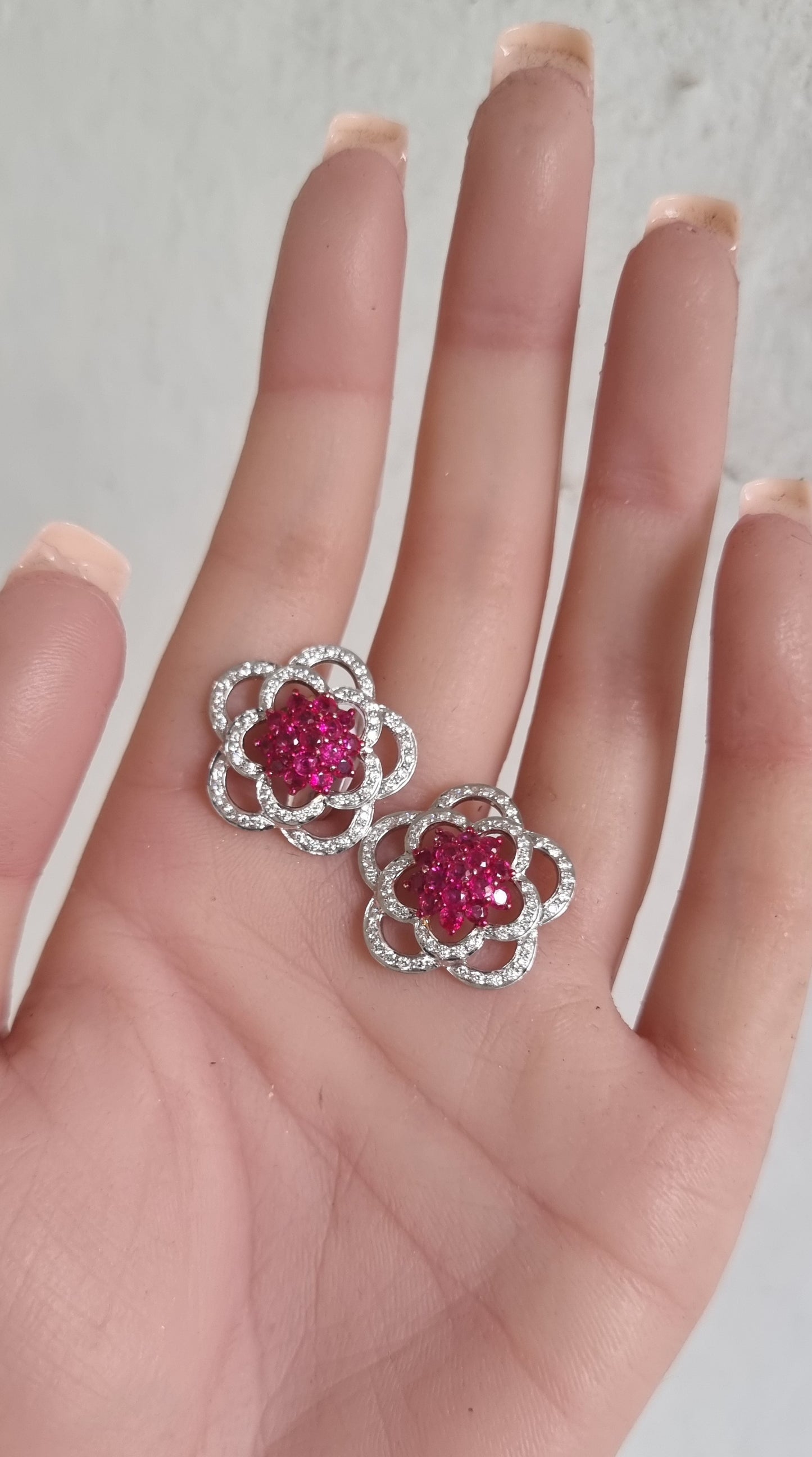 1.39 ct Round Ruby with White Diamond Earrings in 18K Gold