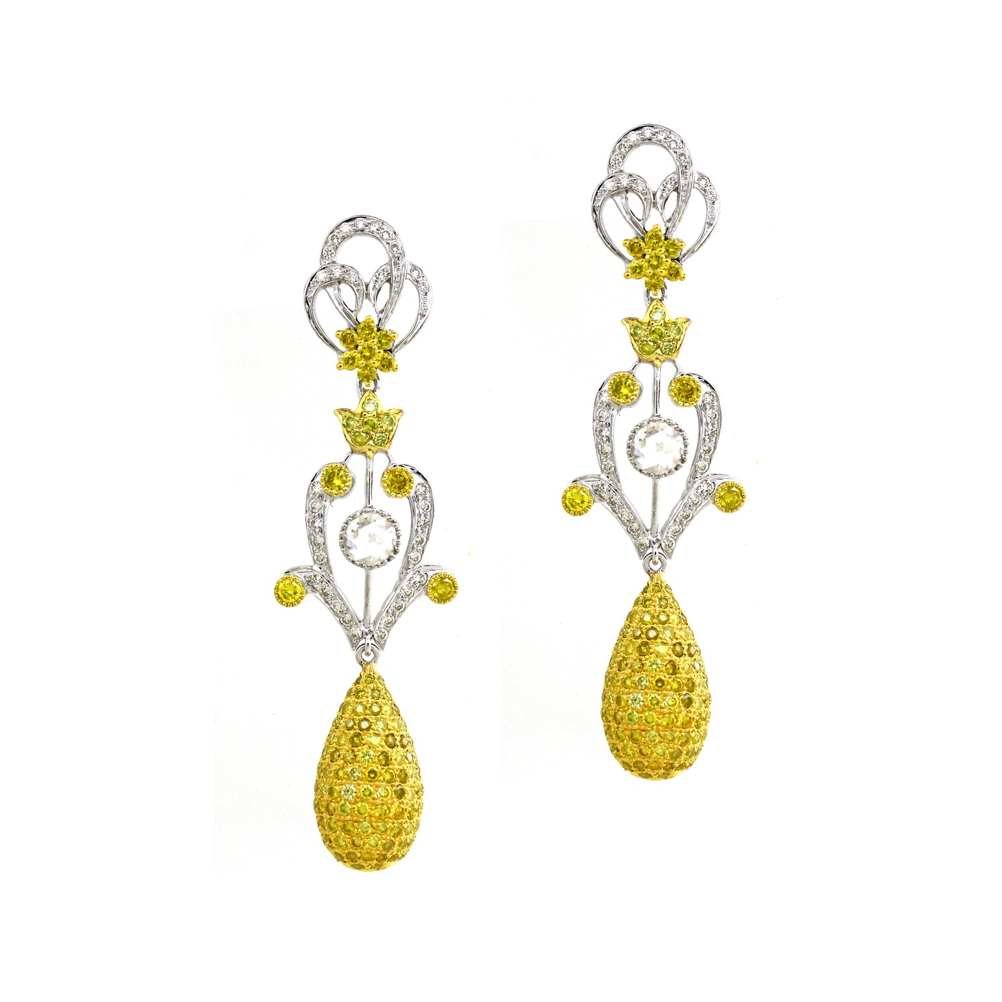 4.48 ct Round White Diamond with Yellow and Rose Cut Diamond Earrings in 18K Gold