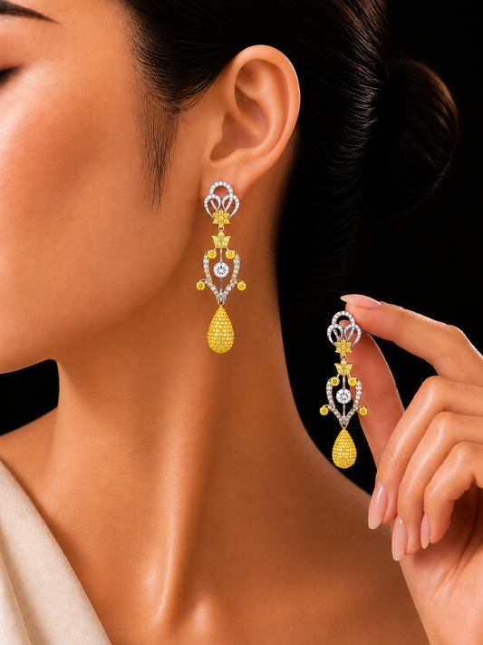 4.48 ct Round White Diamond with Yellow and Rose Cut Diamond Earrings in 18K Gold