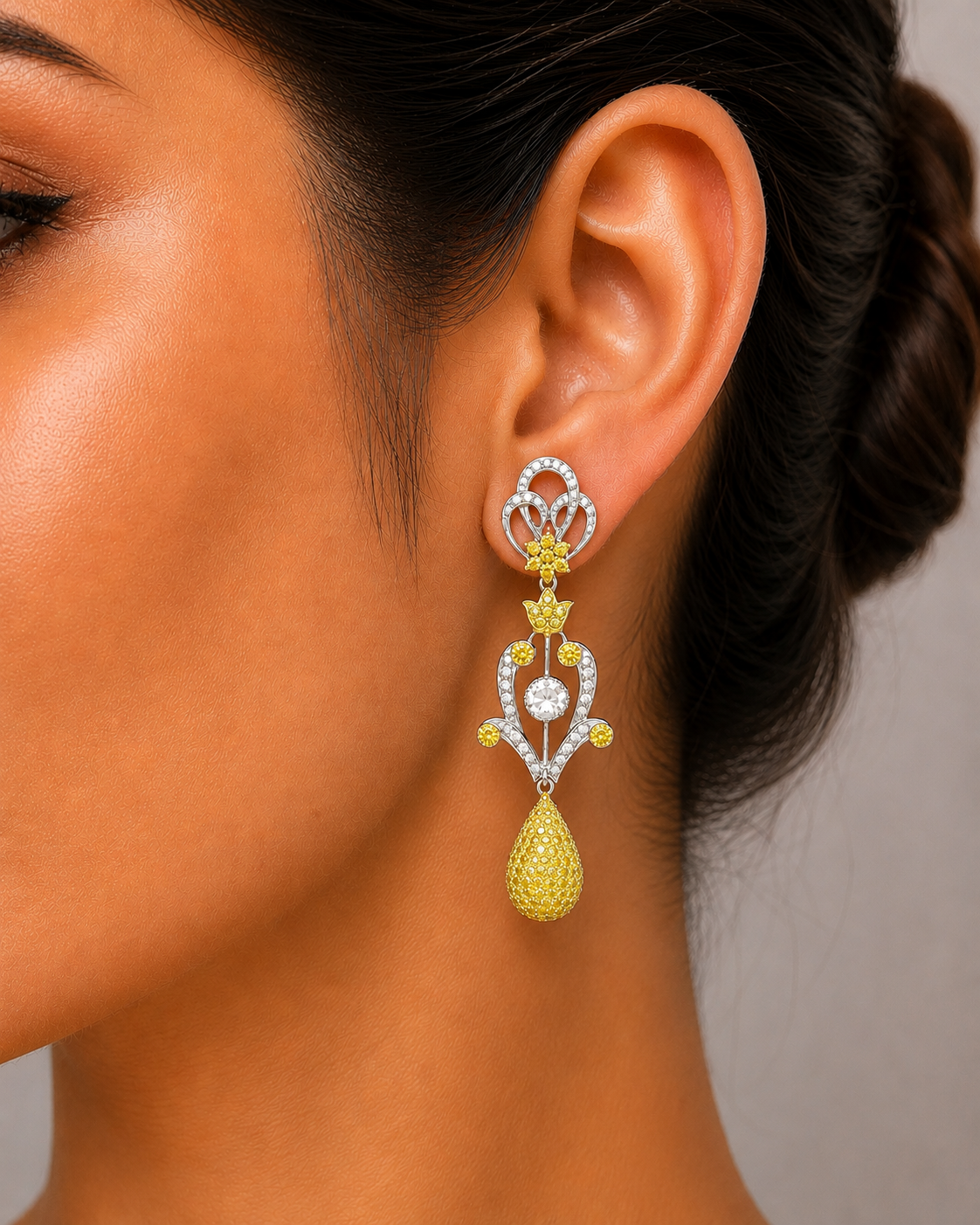 4.48 ct Round White Diamond with Yellow and Rose Cut Diamond Earrings in 18K Gold