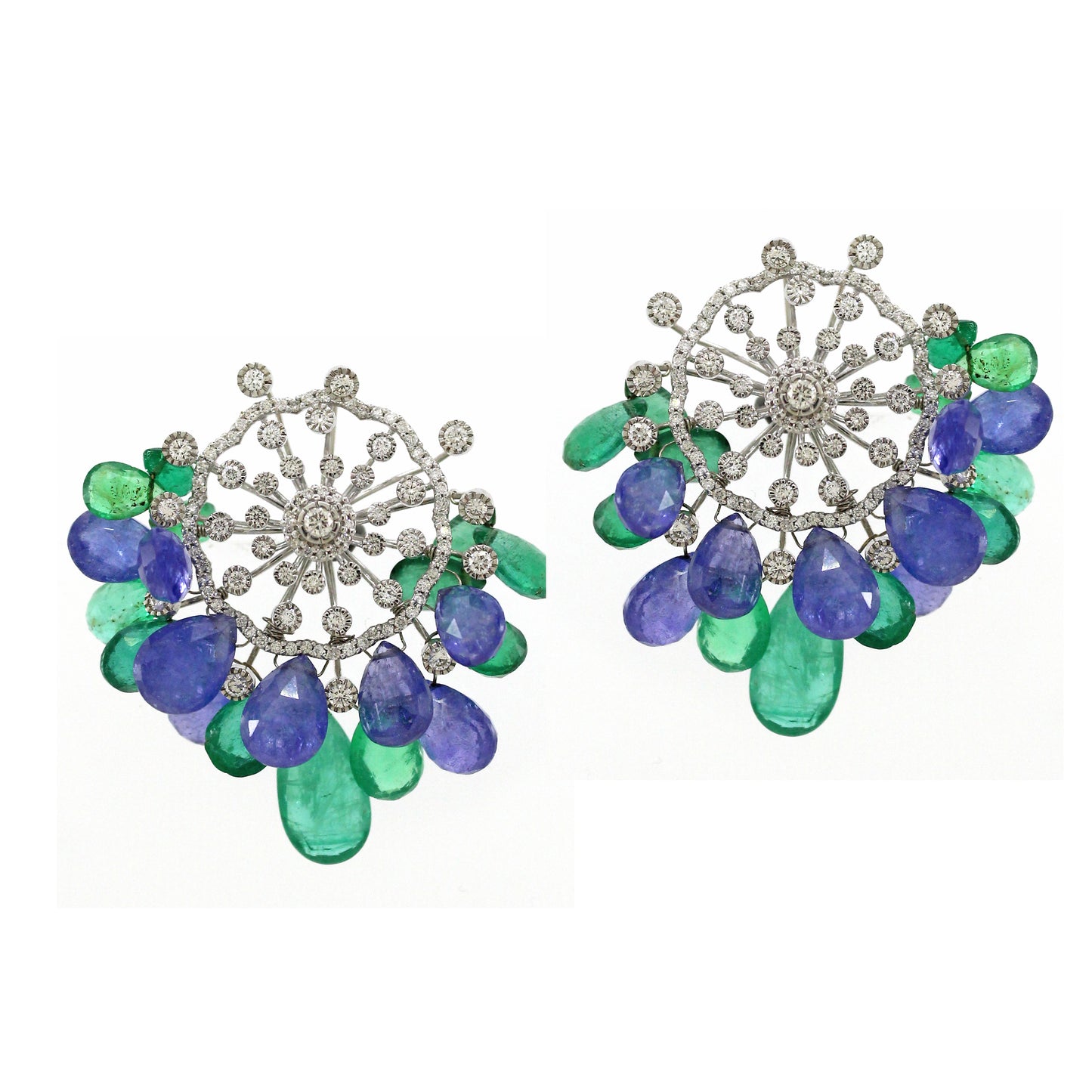 2.43 ct Pear Emerald with Tanzanite and White Diamond Earrings in 14K Gold
