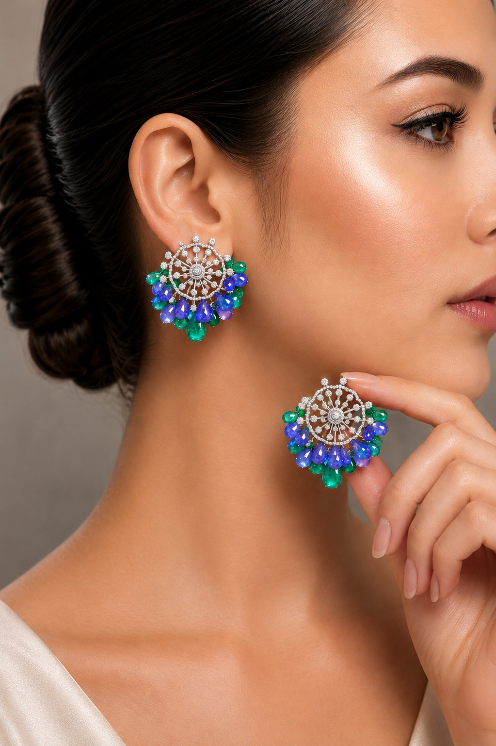 2.43 ct Pear Emerald with Tanzanite and White Diamond Earrings in 14K Gold