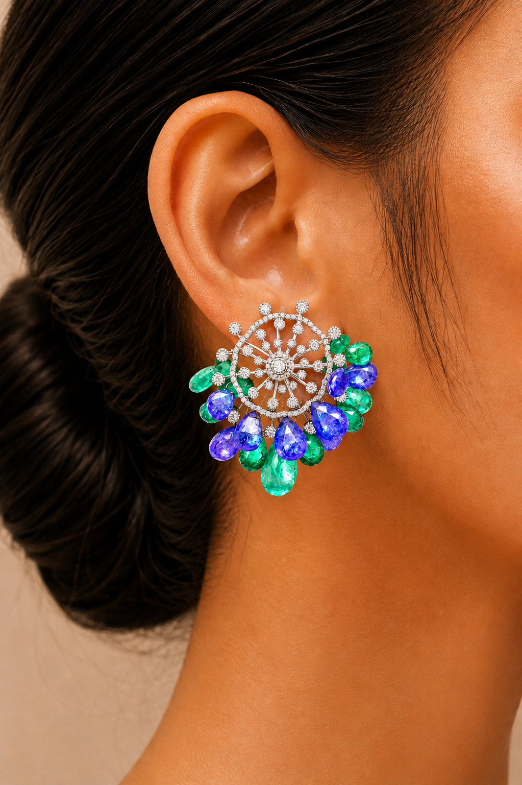 2.43 ct Pear Emerald with Tanzanite and White Diamond Earrings in 14K Gold