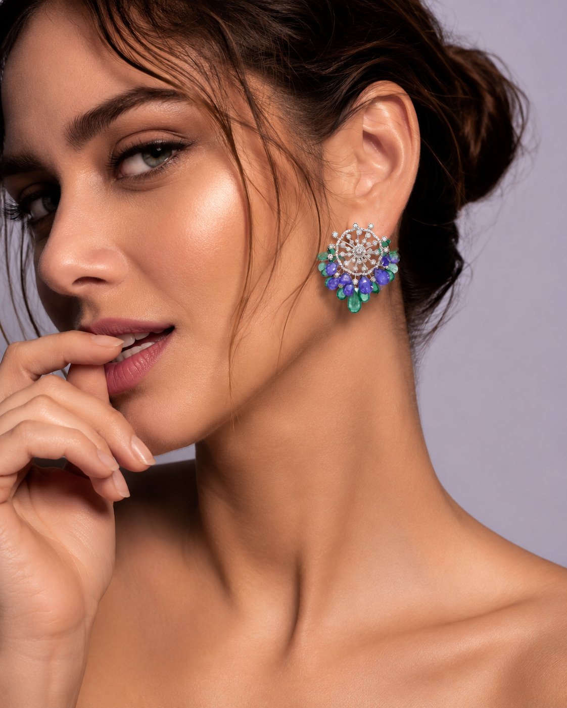 2.43 ct Pear Emerald with Tanzanite and White Diamond Earrings in 14K Gold
