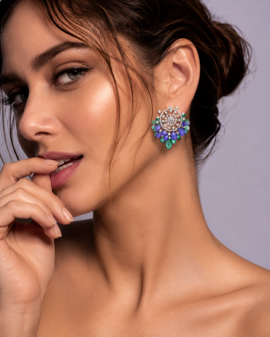 2.43 ct Pear Emerald with Tanzanite and White Diamond Earrings in 14K Gold