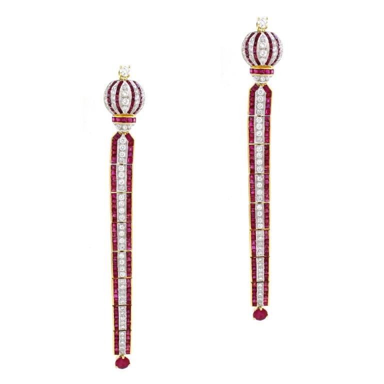 18K Gold Ruby Cluster Earrings with White Diamonds