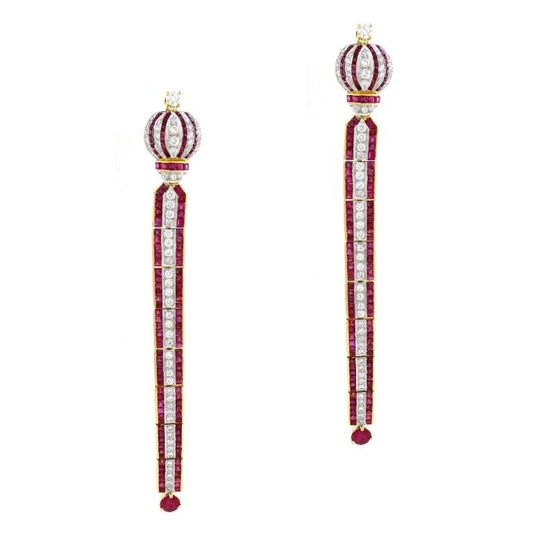 18K Gold Ruby Cluster Earrings with White Diamonds
