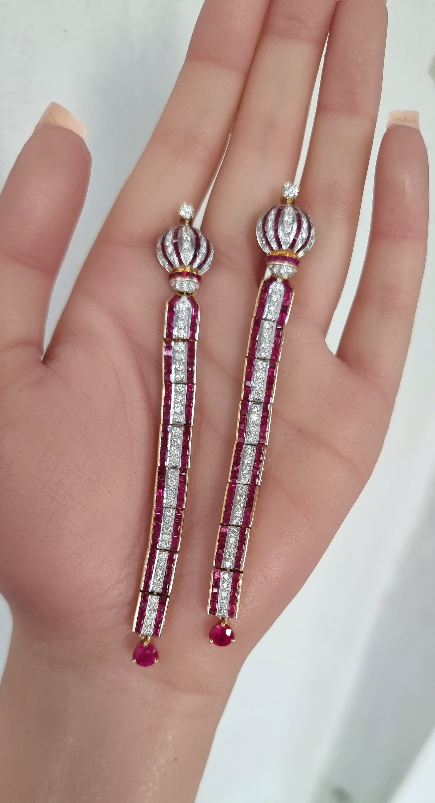 18K Gold Ruby Cluster Earrings with White Diamonds