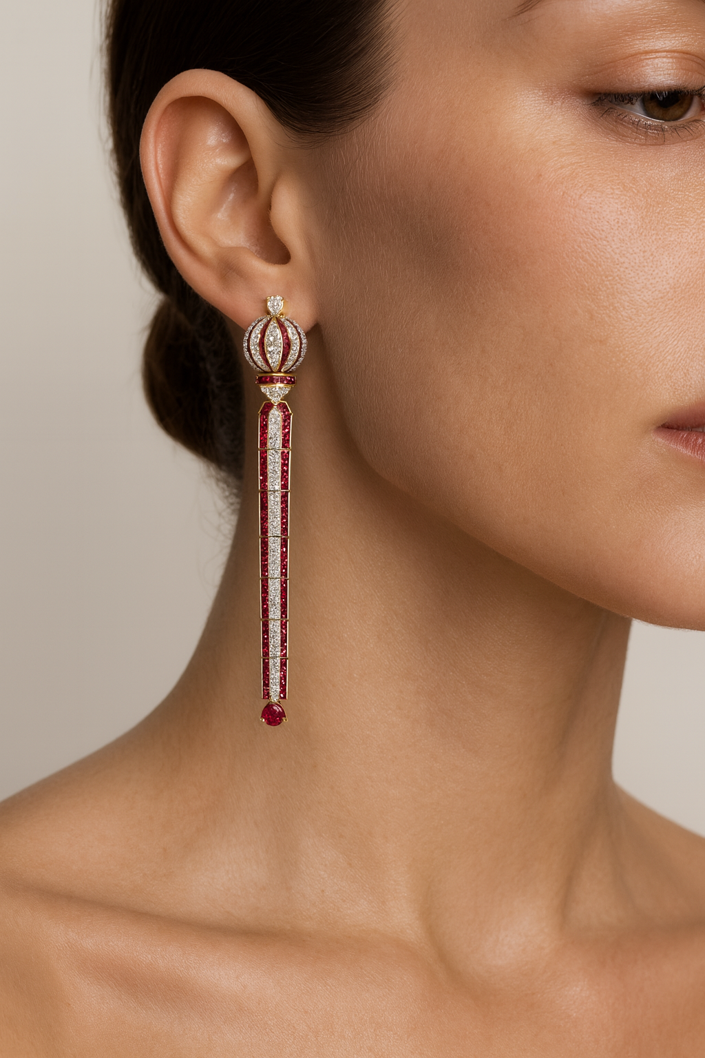 18K Gold Ruby Cluster Earrings with White Diamonds