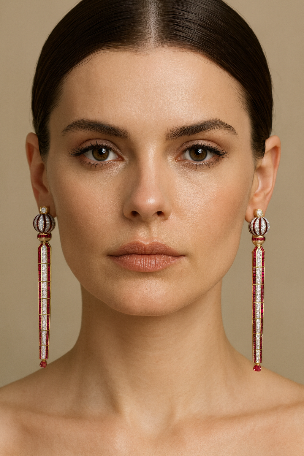 18K Gold Ruby Cluster Earrings with White Diamonds