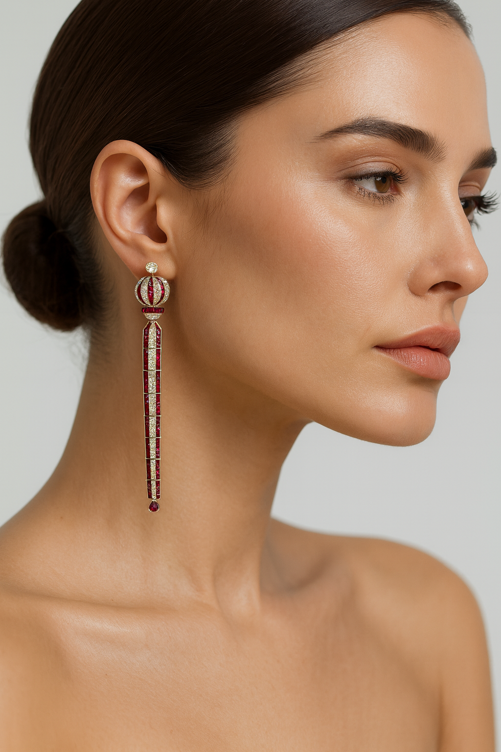 18K Gold Ruby Cluster Earrings with White Diamonds